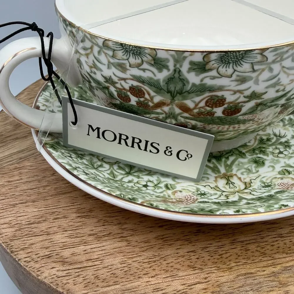 William Morris & Co Strawberry Thief Green Floral Teacup & Saucer Set NWT